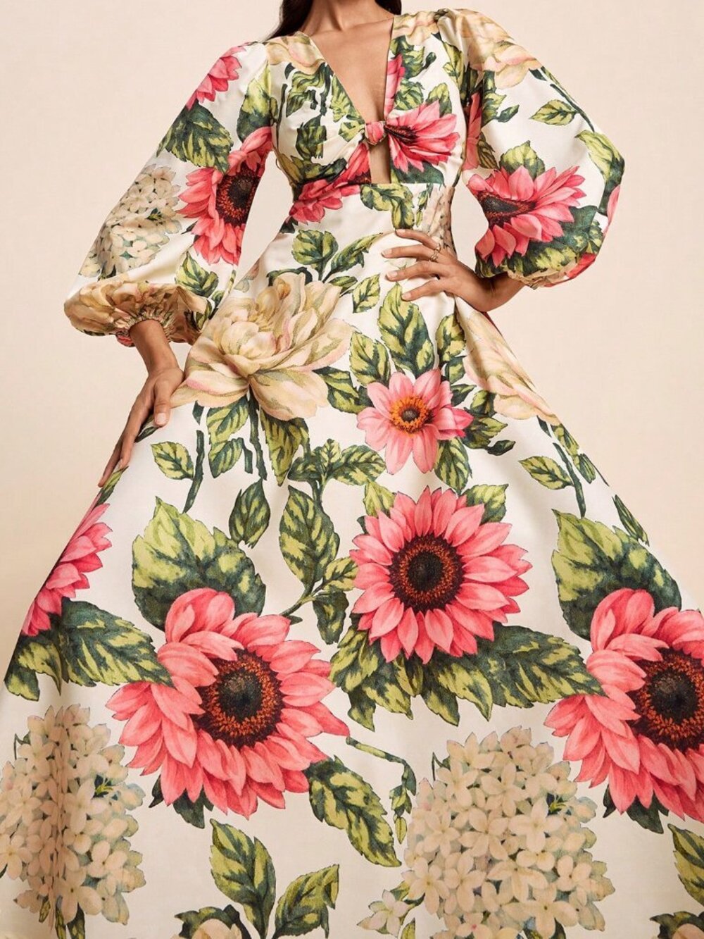 Multicolor Boho Women's V-Neck Long Sleeve Twist Knot Dress with Tropical Print - Picture 4 of 9